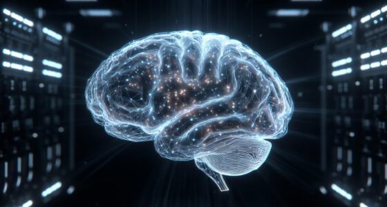 Glowing digital brain hologram suspended in a dark data center, symbolizing AI and neural networks.