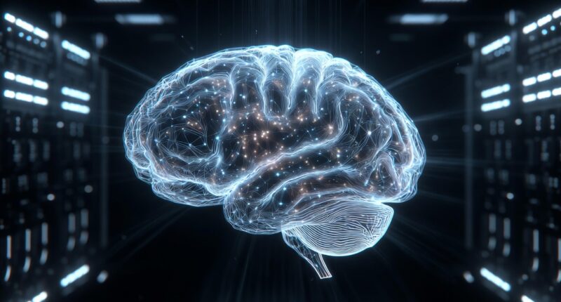 Glowing digital brain hologram suspended in a dark data center, symbolizing AI and neural networks.