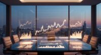 Modern boardroom at dusk with a glass table displaying glowing financial charts and a city skyline outside the windows, lighting warm and futuristic.
