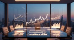 Modern boardroom at dusk with a glass table displaying glowing financial charts and a city skyline outside the windows, lighting warm and futuristic.