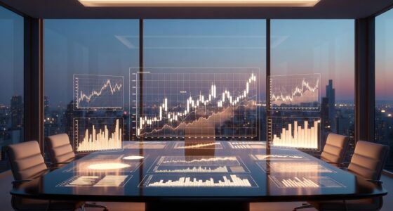 Modern boardroom at dusk with a glass table displaying glowing financial charts and a city skyline outside the windows, lighting warm and futuristic.