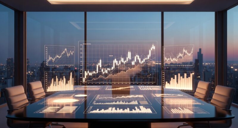 Modern boardroom at dusk with a glass table displaying glowing financial charts and a city skyline outside the windows, lighting warm and futuristic.
