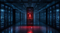 Data center corridor with illuminated server racks; a central rack displays a red glowing ERROR warning screen.