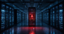 Data center corridor with illuminated server racks; a central rack displays a red glowing ERROR warning screen.