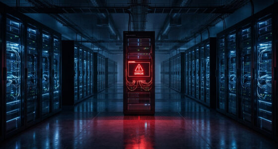 Data center corridor with illuminated server racks; a central rack displays a red glowing ERROR warning screen.