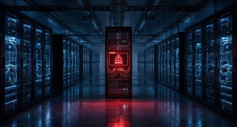 Data center corridor with illuminated server racks; a central rack displays a red glowing ERROR warning screen.