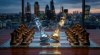 Two chess kings labeled US and AI lean toward each other on a glass chessboard, with a city skyline in the background. The plaque reads '2026 Investment Strategy'.