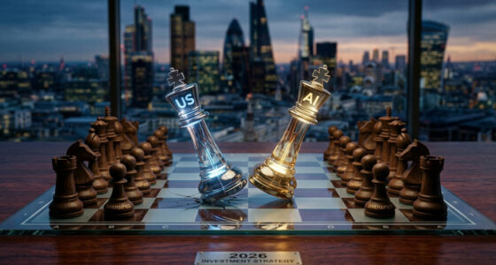 Two chess kings labeled US and AI lean toward each other on a glass chessboard, with a city skyline in the background. The plaque reads '2026 Investment Strategy'.