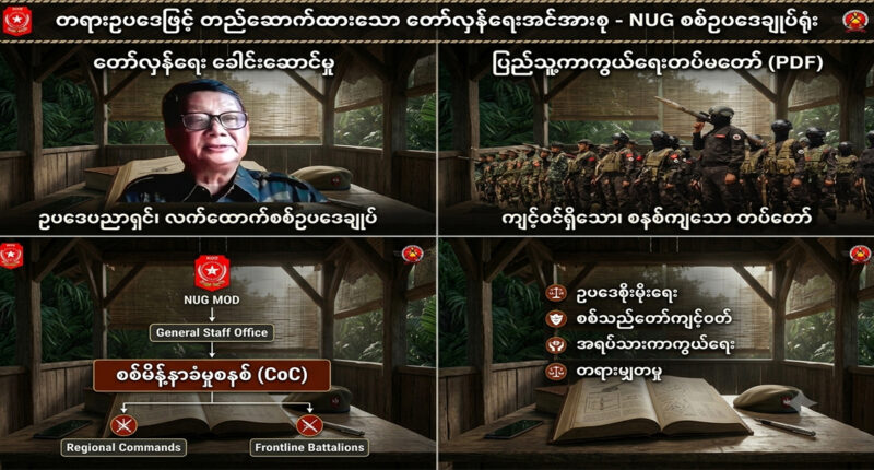 Collage showing an interview with a uniformed man, a line of armed troops, an organizational chart, and an open book on a desk, with Burmese captions.