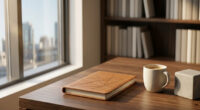 Leather notebook on a wooden desk by a sunny window, with a beige mug of coffee and a concrete block nearby.