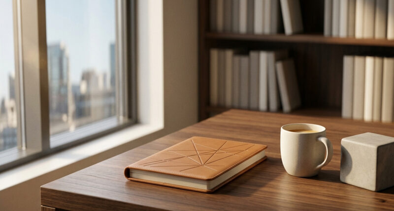Leather notebook on a wooden desk by a sunny window, with a beige mug of coffee and a concrete block nearby.