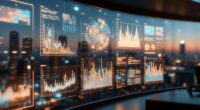 Futuristic control room with curved glass wall displaying multiple glowing data charts and graphs at dusk over a city skyline.