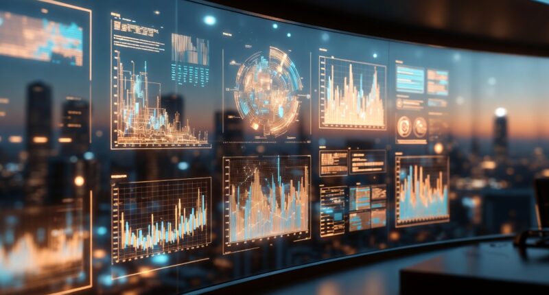 Futuristic control room with curved glass wall displaying multiple glowing data charts and graphs at dusk over a city skyline.