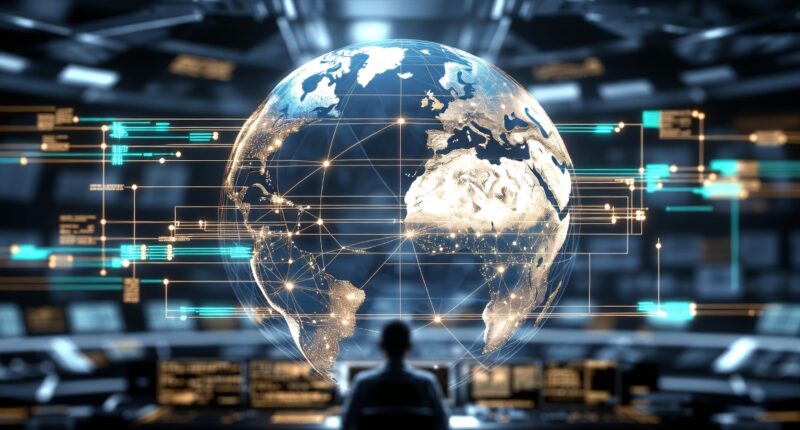 Global holographic globe with interconnected data lines in a dark control room, a person monitoring a high-tech network.