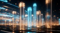 Futuristic city skyline with tall glass towers glowing in blue and orange lights on a reflective, neon-lit surface.