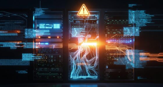 Data center racks with blue and orange glowing data lines and a glowing warning triangle above the middle cabinet.