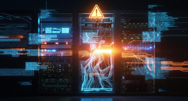 Data center racks with blue and orange glowing data lines and a glowing warning triangle above the middle cabinet.