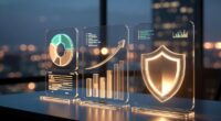 Three illuminated glass panels on a desk display charts and a glowing shield, suggesting data security in a tech office.