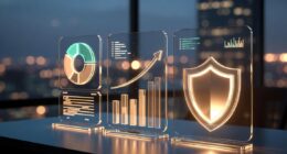 Three illuminated glass panels on a desk display charts and a glowing shield, suggesting data security in a tech office.
