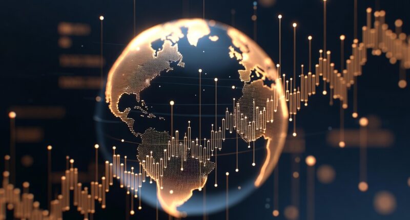 Glowing digital globe with data streams and vertical light bars representing global connectivity and analytics.