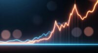 Neon blue and orange line graph rising upward against a dark background, suggesting stock market growth.