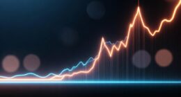 Neon blue and orange line graph rising upward against a dark background, suggesting stock market growth.