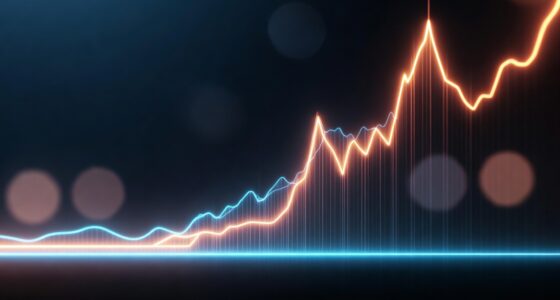 Neon blue and orange line graph rising upward against a dark background, suggesting stock market growth.