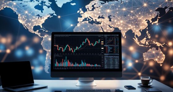 Desktop trading setup with a monitor showing stock charts, on a world map illuminated by interconnected networks in the background