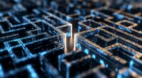 Abstract 3D glass cube maze with blue glow, suggesting a digital network or futuristic data architecture.