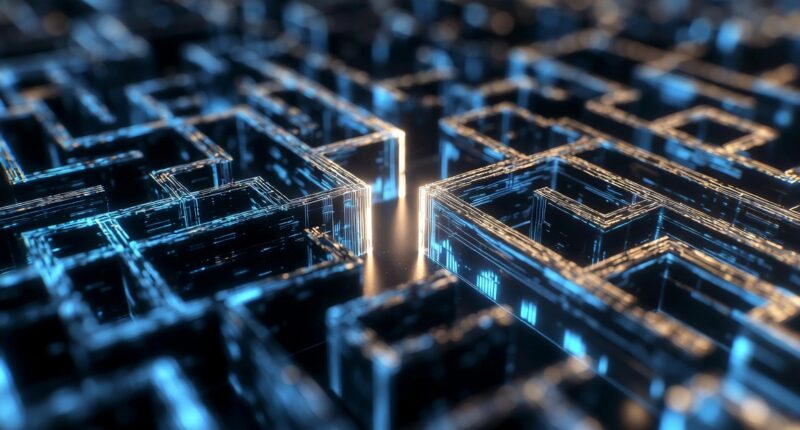 Abstract 3D glass cube maze with blue glow, suggesting a digital network or futuristic data architecture.