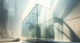 Sleek glass building with angular, transparent walls and bright sunlight streaming across an elevated walkway