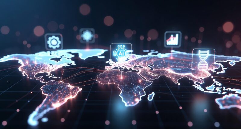 Global digital map with glowing networks and floating AI, gear, DNA, and analytics icons.