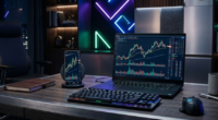 Laptop and tablet on a dark desk showing stock charts; neon geometric lights in the background.