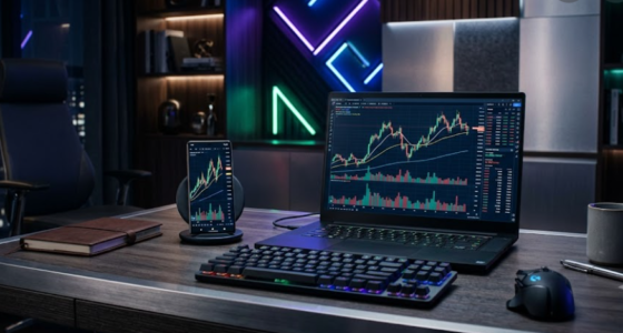 Laptop and tablet on a dark desk showing stock charts; neon geometric lights in the background.