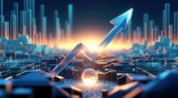 Blue neon arrow rising over a futuristic data grid, symbolizing growth and rising trends.