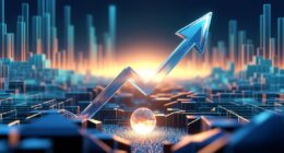 Blue neon arrow rising over a futuristic data grid, symbolizing growth and rising trends.