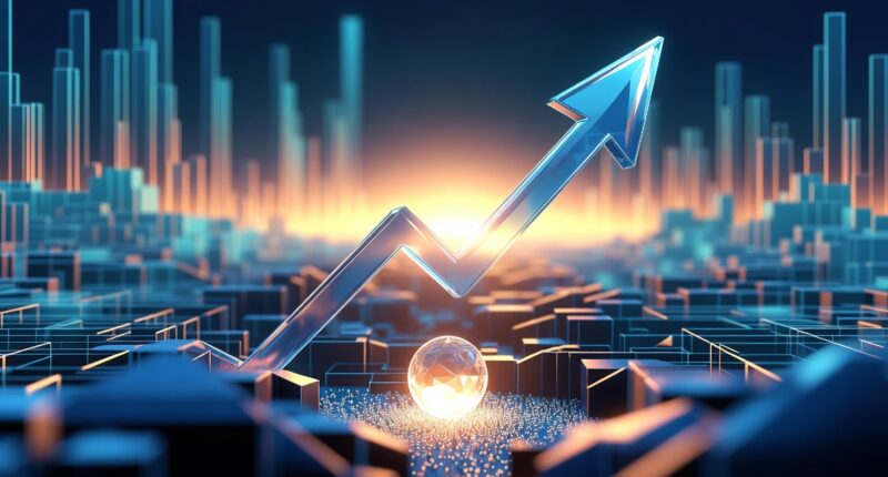 Blue neon arrow rising over a futuristic data grid, symbolizing growth and rising trends.