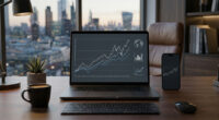 Home office desk with laptop showing stock charts, a smartphone displaying a chart, and a city skyline outside the window.