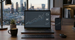 Home office desk with laptop showing stock charts, a smartphone displaying a chart, and a city skyline outside the window.