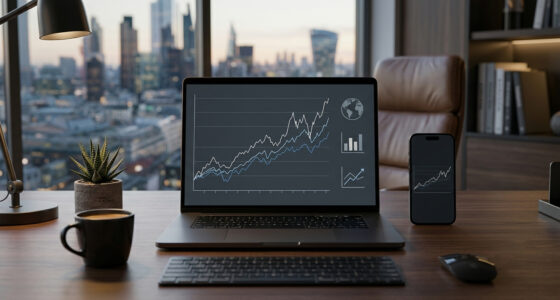 Home office desk with laptop showing stock charts, a smartphone displaying a chart, and a city skyline outside the window.