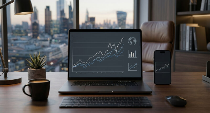 Home office desk with laptop showing stock charts, a smartphone displaying a chart, and a city skyline outside the window.