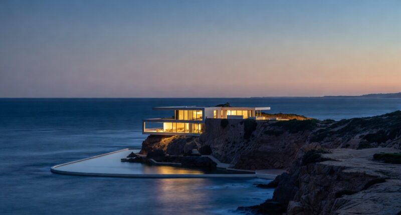 Modern glass house perched on a rocky coastline at dusk, its warm interiors glowing over the calm sea.
