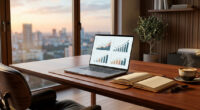 Laptop on a wooden desk displaying four charts, with an open notebook, pen, and a cup of coffee in a modern home office.
