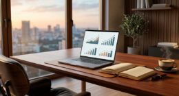 Laptop on a wooden desk displaying four charts, with an open notebook, pen, and a cup of coffee in a modern home office.
