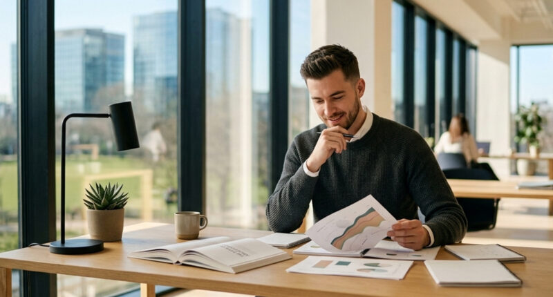 Young man in a dark sweater sits at a wooden desk by large windows, reviewing charts and documents with a mug nearby.