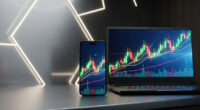 Smartphone and laptop showing colorful stock market charts with candlesticks and volume bars on a neon-lit backdrop.