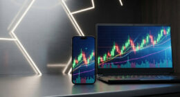 Smartphone and laptop showing colorful stock market charts with candlesticks and volume bars on a neon-lit backdrop.