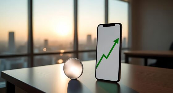 Phone screen shows a green upward arrow indicating growth on a desk with a sunset window in the background (business concept).
