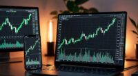 Trading desk with laptop and phone showing rising green stock charts and volume bars in a dimly lit room.
