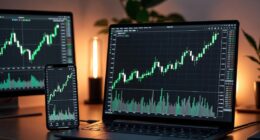 Trading desk with laptop and phone showing rising green stock charts and volume bars in a dimly lit room.